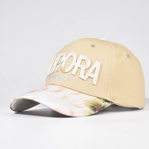 Detailed 3D embroidery on beige baseball cap with floral pattern brim and aurora lettering
