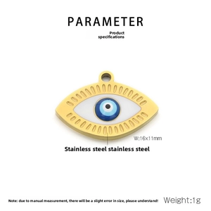 Macro view of 18K gold stainless steel evil eye pendant showing 16x11mm dimensions