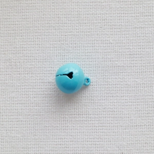 Detailed view of 14mm light blue painted metal bell for DIY crafts and pet accessories