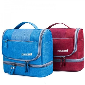 Waterproof cation travel wash bag with hanging handle in blue and maroon colors