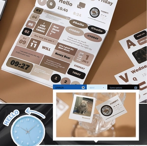 Detail of vintage English deco stickers for DIY scrapbooking with aesthetic collage layout