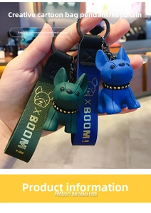 Close-up of cute French Bulldog keychains in green and blue with BOOM wrist straps
