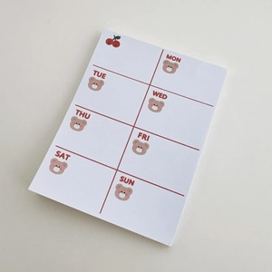 Weekly planner notepad with cute cherry bear illustrations and a seven-day layout