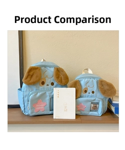 Size comparison of light blue puppy backpacks with 3D ears and star patch detail