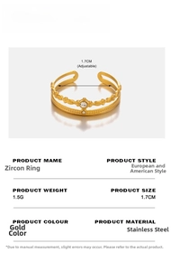 Detailed size chart for 18K gold plated stainless steel zircon crown ring with 1.7cm diameter
