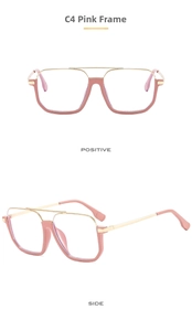 Front and side view of square pink frame glasses with double bridge and gold metal accents