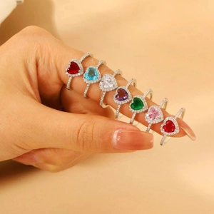 Adjustable Heart Shaped Copper Ring For Women Colorful Rhinestone Open Finger Ring Fashion Jewelry Wedding Party Gift