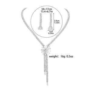Elegant rhinestone flower fringe necklace and earrings set with dimensions in silver finish