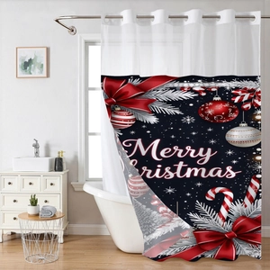 Detail of Christmas shower curtain with Merry Christmas text and festive ribbon patterns