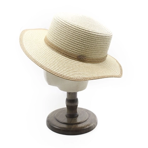 Damen Flacher Strohhut Boater Hut Breite Krempe Sonnenschutz Sommer Strand Reise Band Dekor