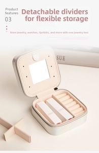 Macro view of portable jewelry box showing mirror, ring slots, and lipstick storage