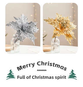 Detailed close-up of hollow glitter Christmas flowers in gold and silver for tree decor
