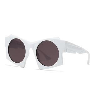 Futuristic white thick frame sunglasses with dark grey round lenses and stepped temples