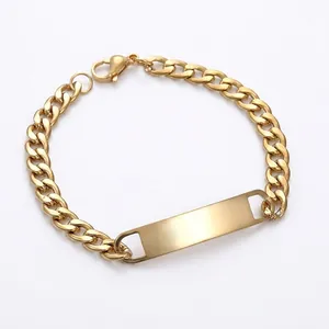 Polished gold titanium steel curb chain bracelet with a blank ID plate for DIY engraving