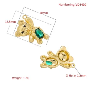 Cute 18K gold-plated bear pendant with green oval zircon gemstone for jewelry making