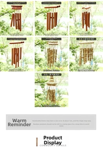 Detail showcasing dimensions and styles of various handmade bamboo wind chimes in a garden