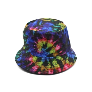 Detail view of colorful spiral tie-dye pattern on a wide brim sun protection bucket hat