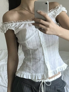 Y2K off-shoulder white sleeveless cardigan shirt with ruffle trim and button front details
