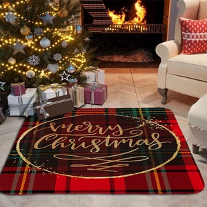 Festive red and green plaid Christmas doormat displayed in a cozy living room setting
