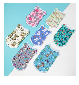 Selection of colorful cartoon printed pet vests in soft knit fabric for small dogs
