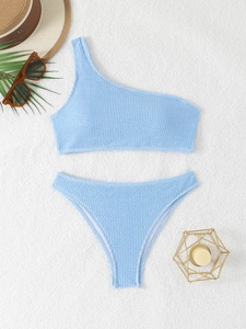 Sky blue one-shoulder ribbed bikini set with high cut bottoms for beach vacation