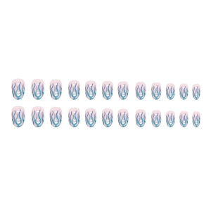 Blue flame gradient press-on nails with oval shape and minimalist pink base 24pcs set