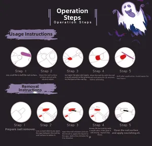 Guide for Halloween press-on nails application and removal with purple spooky illustrations