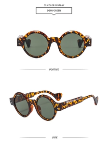 Detail view of round tortoiseshell retro sunglasses with green lenses from side and front