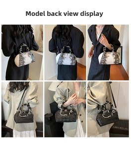 Detail shots of snakeskin and crocodile pattern shell bags with round metal handles