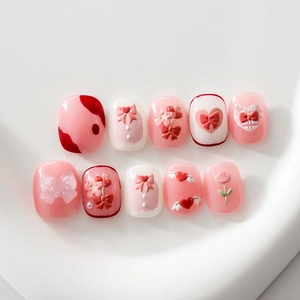 Autocollants ongles relief 5D style japonais avec nœuds roses et motifs cœur 10pcs