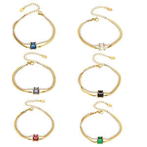 Double-layer stainless steel snake chain bracelets with colorful 2mm cubic zirconia stones
