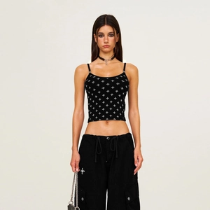 Débardeur En Coton Pour Femmes Imprimé Croix Coupe Slim Camisole Courte Bretelles Réglables Style Gothique