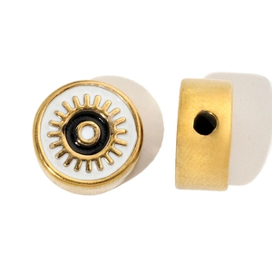 Detail of round Evil Eye beads with golden enamel and side hole for DIY jewelry