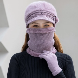 Three-piece purple winter knit set with faux fur trim, neck warmer and warm gloves