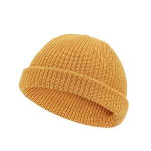 Classic yellow knit skullcap with vertical stripe texture on a clean white background