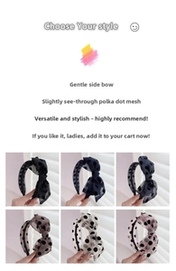Detailed view of polka dot mesh headband featuring a sweet side-placed bow design