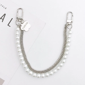 Double-layered pearl and silver chain with flower charm and I Love You tag