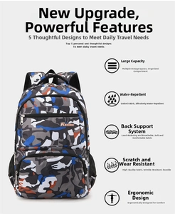 Detail view of camouflage backpack with water-resistant fabric and multi-pocket storage system