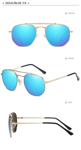 Three perspectives of gold pilot sunglasses with blue polarized mirror lenses