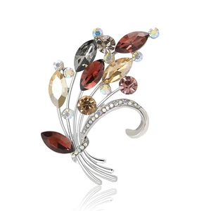 Elegant silver bouquet brooch with multi-colored crystals and rhinestones for suits
