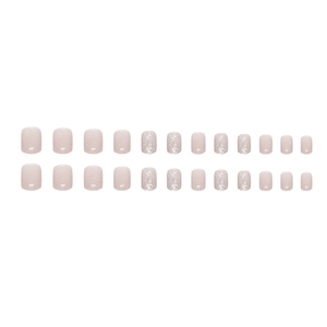 Short square-oval pink press-on nails set with glitter sequins in 24 pieces