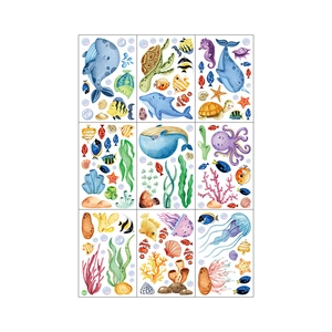 Detailed sheet showing nine watercolor ocean creature stickers with whales and turtles