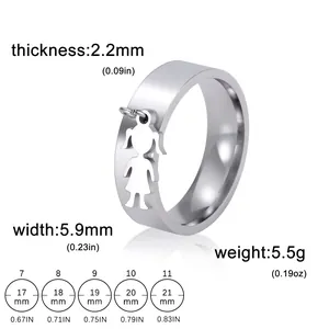 Polished stainless steel ring with girl silhouette charm and size chart measurements
