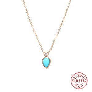 S925 sterling silver gold plated necklace with pear-shaped turquoise and zircon pendant