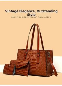 Three-piece set of retro brown embossed crocodile pattern handbags on a clean backdrop
