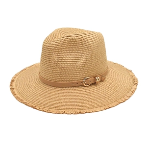 Women Men Panama Straw Fedora Hat Summer Wide Brim Sunshade Breathable Raw Edge With Faux Leather Belt Buckle Jazz Cap
