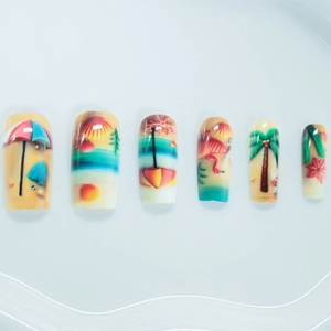 24pcs tropical beach press-on nails set featuring palm trees and sea sunset designs