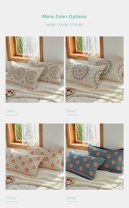 Detail showing four assorted bohemian floral patterns on four-layer cotton gauze pillow covers