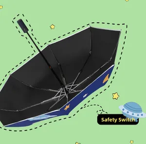 Detail view of the astronaut themed umbrella canopy with a black sun protection coating