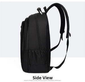 Detail of ergonomic breathable shoulder straps and elastic mesh side pocket on black backpack